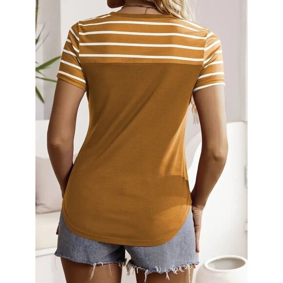 SHEIN Women's Striped T-Shirt Faux Suede Pocket Multicolor Size M Short Sleeve - Picture 2 of 5